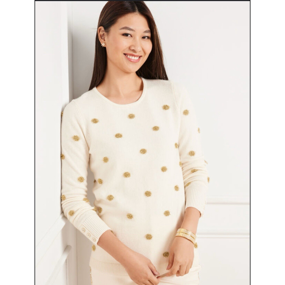 Talbots Crewneck Tinsel Dot Sweater Cream & Gold Size Large Holiday
